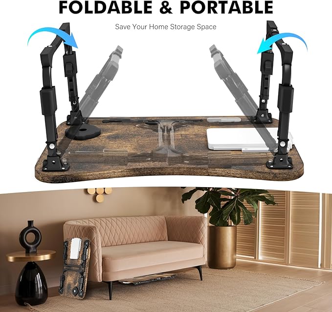 Lap Desk for Bed Adjustable Height, Foldable Bed Table with Storage Drawer, Tablet Slot & Cup Holder, Portable Laptop Stand for Bed & Sofa, Bed Desk for Adults & Kids, Carbonized