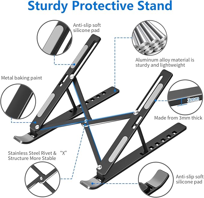 Laptop Stand for Desk, Aluminum Metal MacBook Stand, Computer Riser for Desk, Portable Foldable Adjustable Notebook Holder, Compatible with 10-15.6 Inch Laptops, iPad, Black.