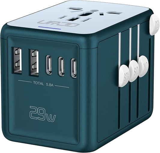 Universal Travel Adapter with 6.0A 3X 3.0A USB-C Ports, 2X 2.4A USB-A Ports and Multi AC Outlets, International Power Plug Adapter Worldwide Travel Charger for EU UK AUS USA (Type C/G/I/A Plug)