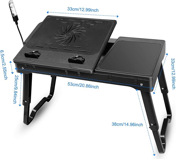 Foldable Laptop Bed Tray Desk Adjustable Lap Table Notebook Desk with Cooling Fan Mouse Board USB Ports LED Light Laptop Stand for Bed Sofa Couch