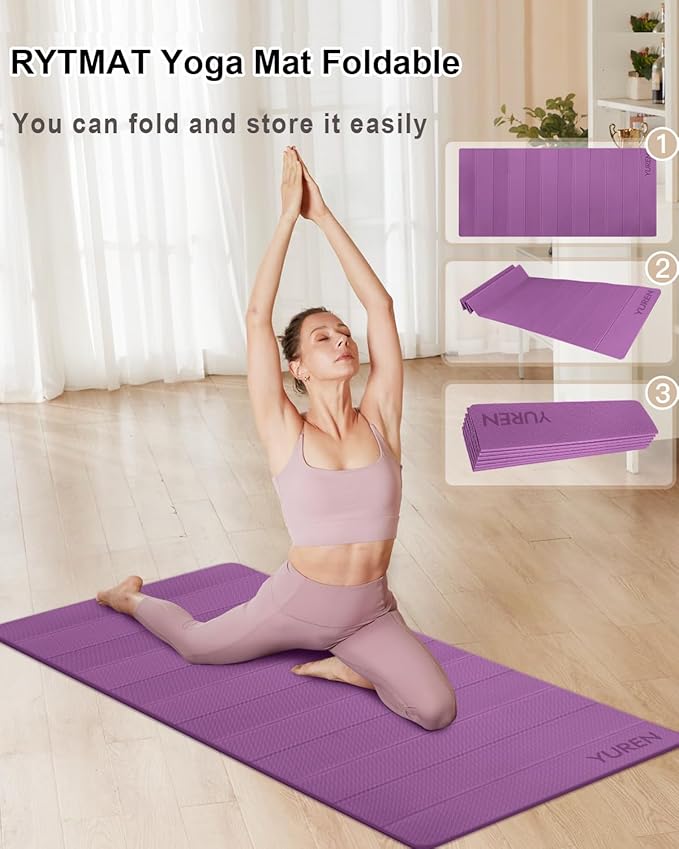 Foldable Yoga Mat 10mm Thick Wide Exercise Mat Non Slip Workout Mat for Home Gym, Travel, with Yoga Carrying Bag