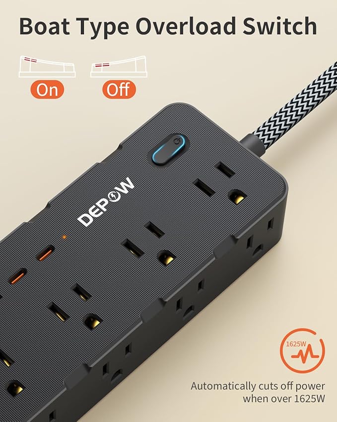 Power Strips with Surge Protection, 5FT Braided Extension Cord with Multiple Outlets-8 AC Outlets 4 USB Ports (2 USB C), Flag Plug, 1700 Joule Surge Protector for Home Office, Black