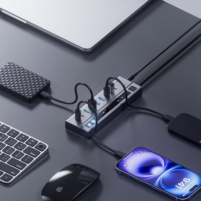 Powered USB C Hub, PULWTOP 9-in-1 USB Hub Support 10Gbps Data&PD 45W Max Charging, USB HUB Adapter for MacBook, iMac, iPad, Phone, and Other Laptops (Not Support Video and Power Adapter Not Included)