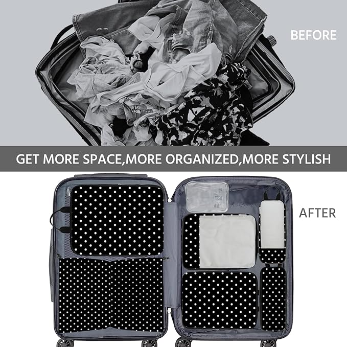 7 Pcs Compression Packing Cubes for Travel, Waterproof Suitcase Luggage Backpack Organizer with Toiletry Bag Travel Essentials for Women/Men-Polka Dots