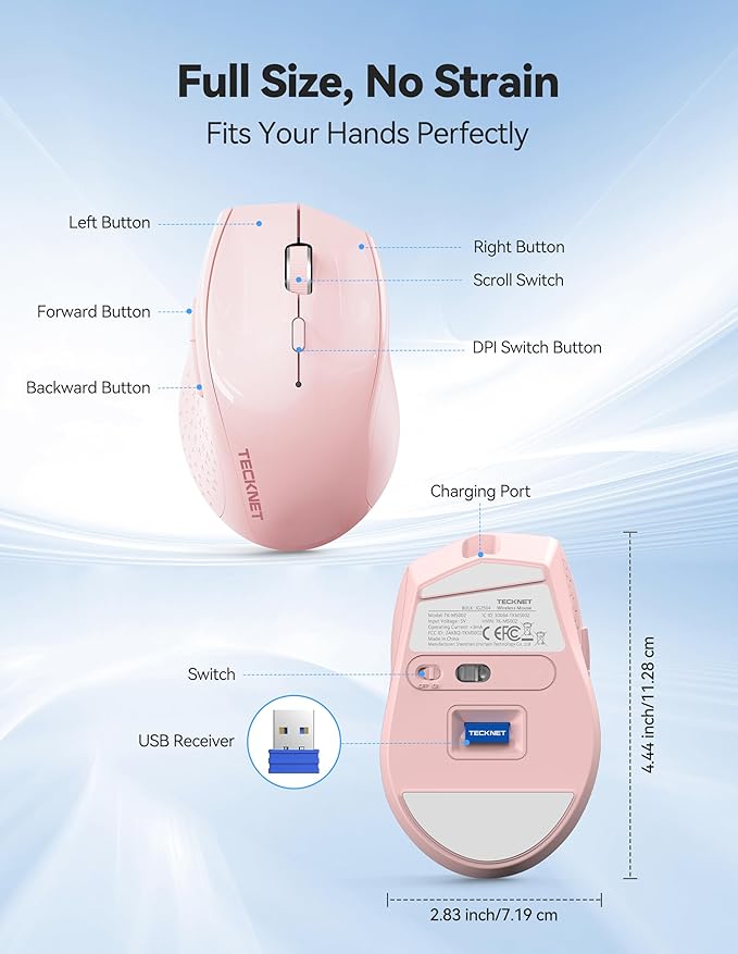 TECKNET Wireless Mouse Rechargeable,Mouse for Laptop Computer,2.4G USB Computer Mice Wireless,6 Button 6400 DPI Ergonomic Silent Mice,Portable Cordless Travel Mice-Wide Compatibility