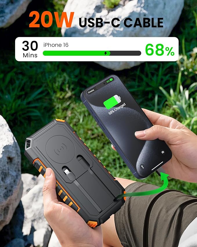 Riapow Solar Power Bank 27000mAh/99000mWh - Wireless Portable Solar Charger Built in Cables - 22.5W Fast Charging Battery Bank with USB C - PD QC External Battery Pack for Phone Flashlight for Outdoor