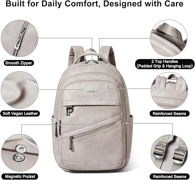 43L Backpack for Women Men - Vegan Leather Backpack Purse Travel Carry-on Bag College Bookbag Work fits 17" Laptop,Ash Gray Retro