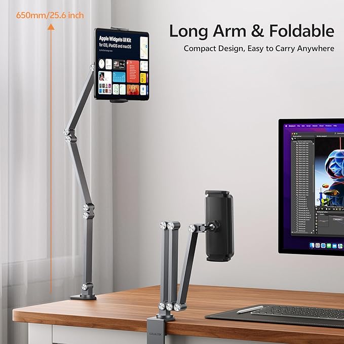 Tablet Stand iPad Phone Holder for Desk, Heavy Duty Aluminum 360° Rotating & Foldable Arm Mount Kindle Holder for Bed, Stand for iPad, Kindle, Portable Monitor, Samsung Galaxy Tab, Grey (Max 15.6")