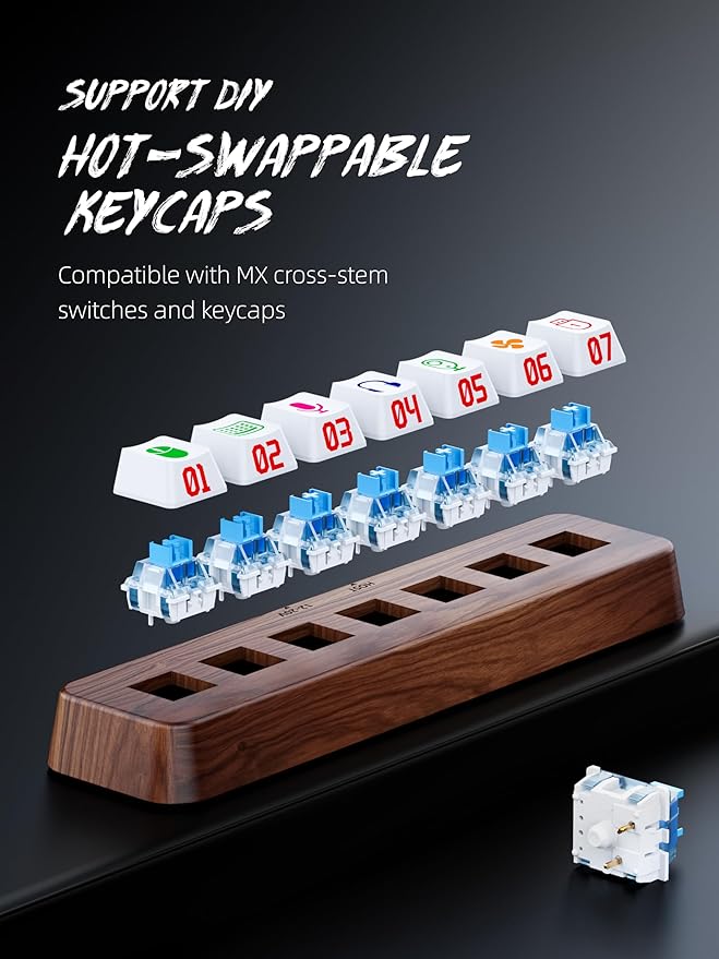 7-Port USB 3.0 Powered Hub, RGB Lighting, Hot-Swappable Cherry MX Switch Support, 5Gbps Speed, Includes 12V/2A Power Adapter, Walnut Wood Cyberpunk USB Dock-FU0724