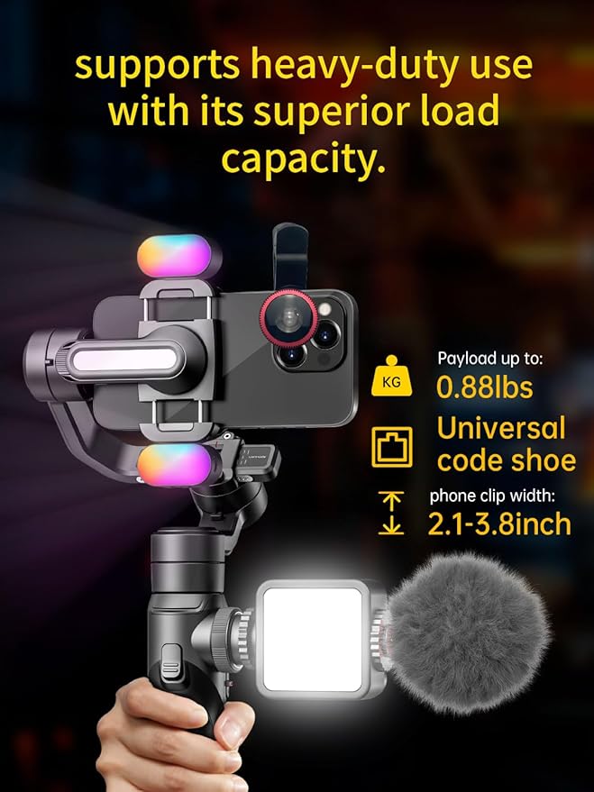 Gimbal Stabilizer for Smartphone, Phone Gimbal w/8" Extension Rod, Profession 3-Axis Stabilizer w/RGB Magnetic Fill Light for Video Recording, Compatible w/iPhone/Andriod-Smart S2 Kit