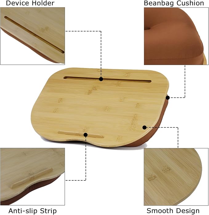 SUMISKY Bamboo Lap Desk for Laptop with Cushion, Portable Laptop Stand with Phone Hoder & Anti-Slip Stopper-Fits up to 15 inch for Home Office Students Use