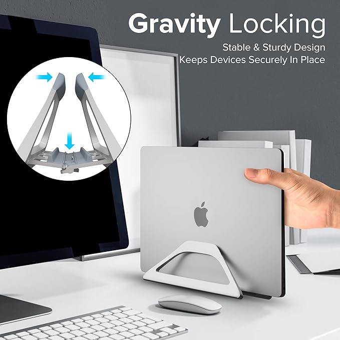 Elestoria Vertical Laptop Stand Holder- Adjustable Laptop Holder Vertical fits All MacBook, Chromebook & Gaming Laptops - Silver