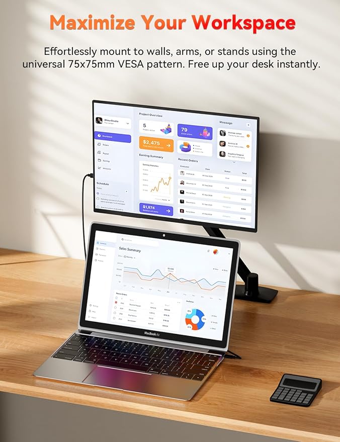 HotYeah Portable Monitor, 15.6-in 1080P FHD Laptop Monitor USB-C HDMI External Computer Display HDR FreeSync IPS w/Kickstand & Speaker, 2nd Screen for Laptop PC Mac Phone Tablet Switch PS5 Xbox