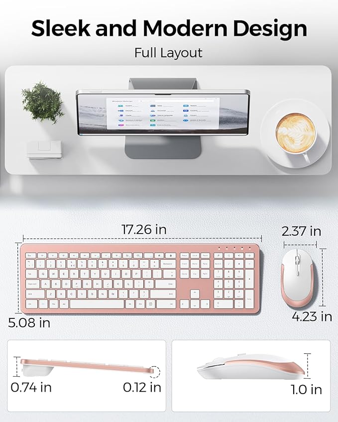 Wireless Keyboard and Mouse Combo - Full Size Slim Thin Wireless Keyboard Mouse with Numeric Keypad 2.4G Stable Connection Adjustable DPI - Rose Gold & White