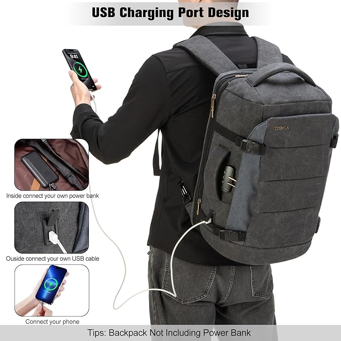 Tzowla 40L Canvas Travel Laptop Backpack for Men Women Carry on Flight Approved,Large Capacity Anti Theft Backpacks with USB Port,Vintage Business Rucksack Bag Fit 17.3 Inch Laptop(Black & Navy Blue)