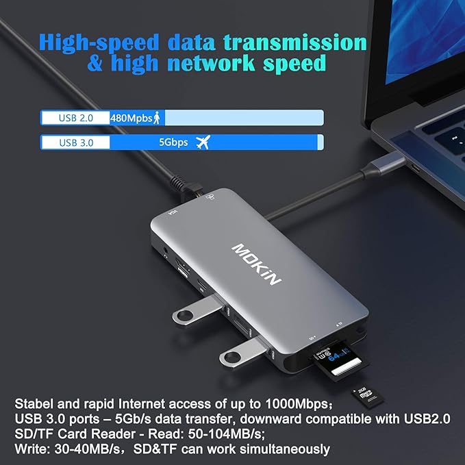 USB C Hub Multiport Adapter - 10 in 1 Portable Dongle with 4K HDMI, VGA, Ethernet, 3 USB Ports, Audio, PD Charger, SD/Micro SD Card Reader Compatible for MacBook Pro, XPS More Type C Devices.