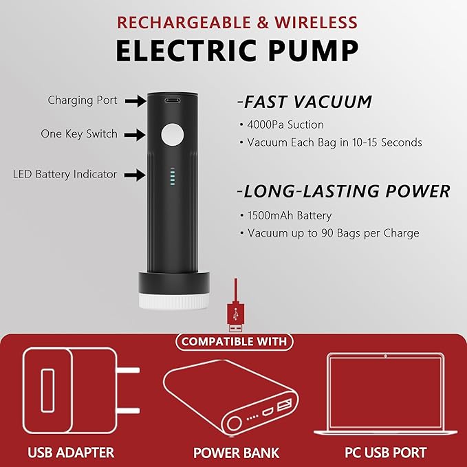 SUOCO Travel Vacuum Seal Bags for Clothing with Rechargeable Electric Pump, 15 Pack Compression Packing Bags for Luggage Suitcase Backpack, Carry-on Size Space Saver Storage