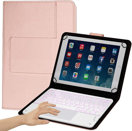 TouchPad Keyboard case for 9", 10",10.1",10.5" Tablets,2-in-1 Bluetooth Wireless Keyboard with Touchpad,7 Colors Backlit & Leather Folio Cover (Pink)