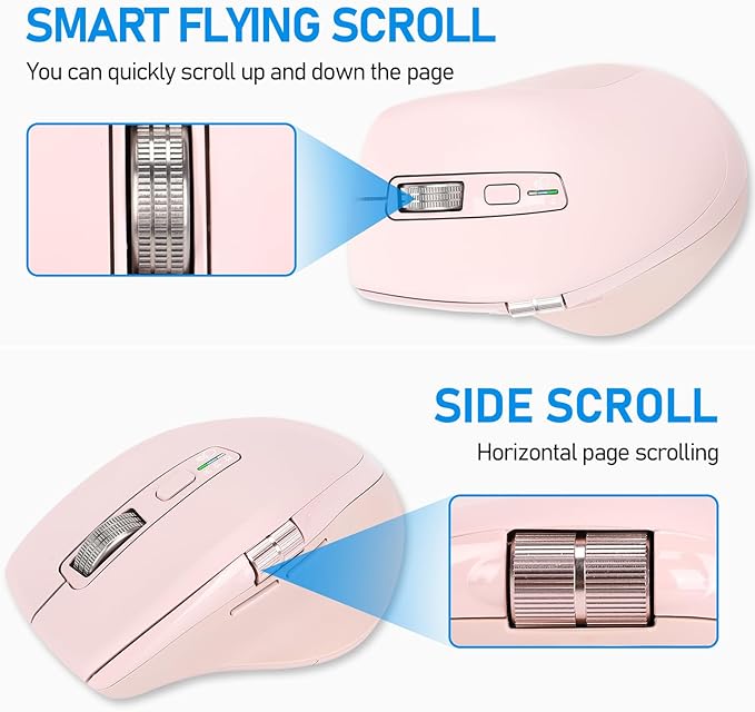 Wireless Bluetooth Side Scroll Mouse with Multi-Device, Ergonomic Computer Mice with Smart Flying Scroll, Quiet Click for Computer, Laptop, iPad, Tablet, MacBook (Pink)