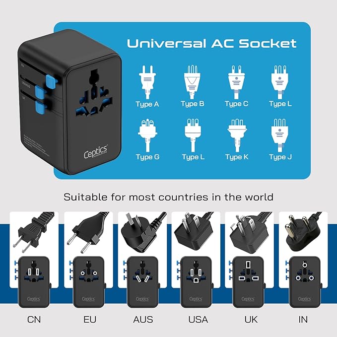 Ceptics GAN 100W Universal Travel Adapter with Retractable USB-C Cable, 2X USB-A & C, Universal Input and 1x USA/JP Input, 7 in 1 Universal Adapter for Worldwide Travel - Type A, C, G, I Output