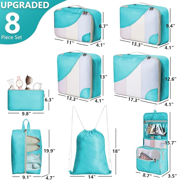 8 Set Packing Cubes for Travel, Gifts for Women Mom,Anti-Tearing Suitcase Organizer for Luggage with Shoe & Hanging Toiletry Bag,OlarHike Vacation Essentials & Accessories for Cruise Ship,Teal