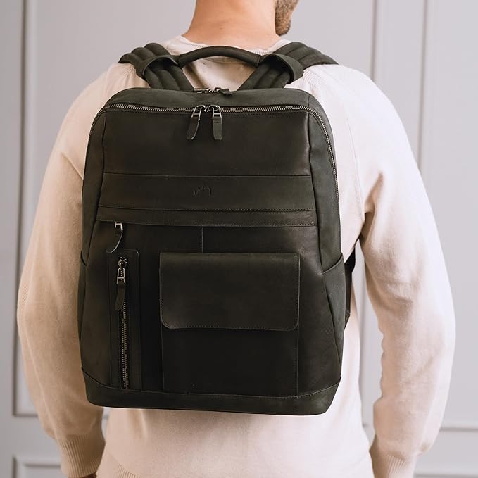 VELEZ Black Leather Backpack for Men & Women - Large Capacity Laptop Travel Backpack with 17" Sleeve - Vintage Travel Bag with Adjustable Straps, Multiple Pockets & Trolley Sleeve