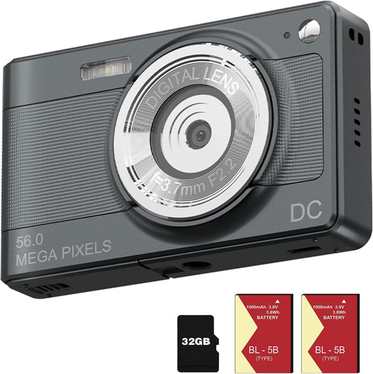 Digital Camera,Autofocus 1080P kids Camera, 56MP Protable Point and Shoot Camera with 8X Zoom, Anti-Shake, Small Compact Camera Gift for Teens Adult Beginner with two batteries, 32GB memory card-Black