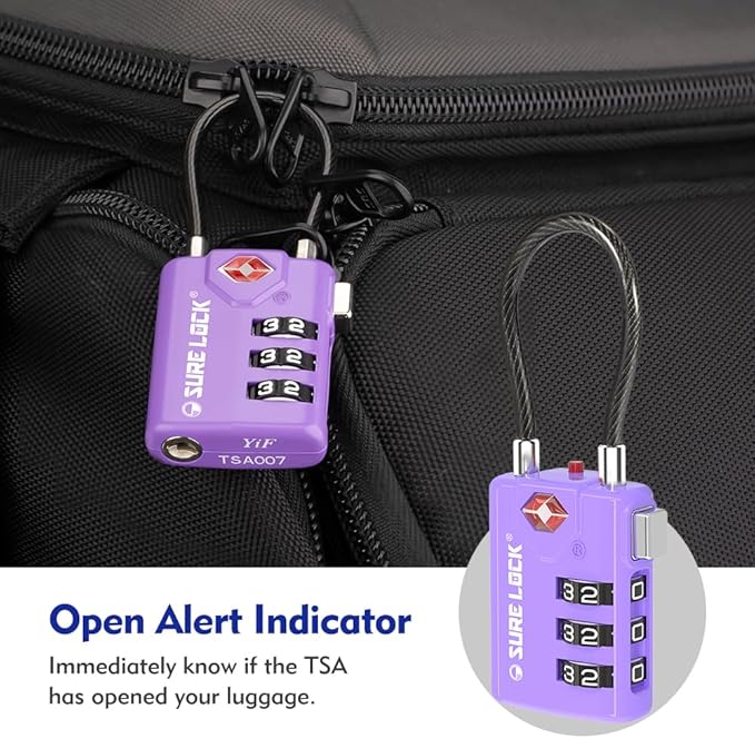 SURE LOCK TSA Compatible Travel Luggage Locks, Inspection Indicator, Easy Read Dials TSA Approved with Zinc Alloy (2, Purple 2 Pack)