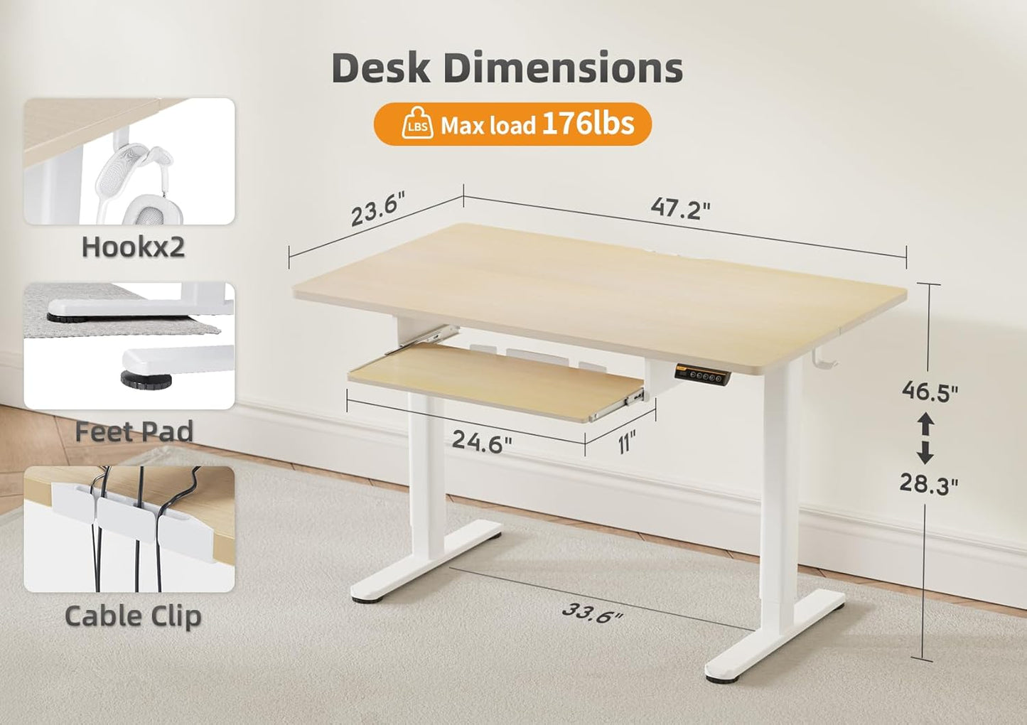 YDN Standing Desk, Height Adjustable Computer Desk with Keyboard Tray, 48 Inch Natural Ergonomic Desk for Home Office and Gaming