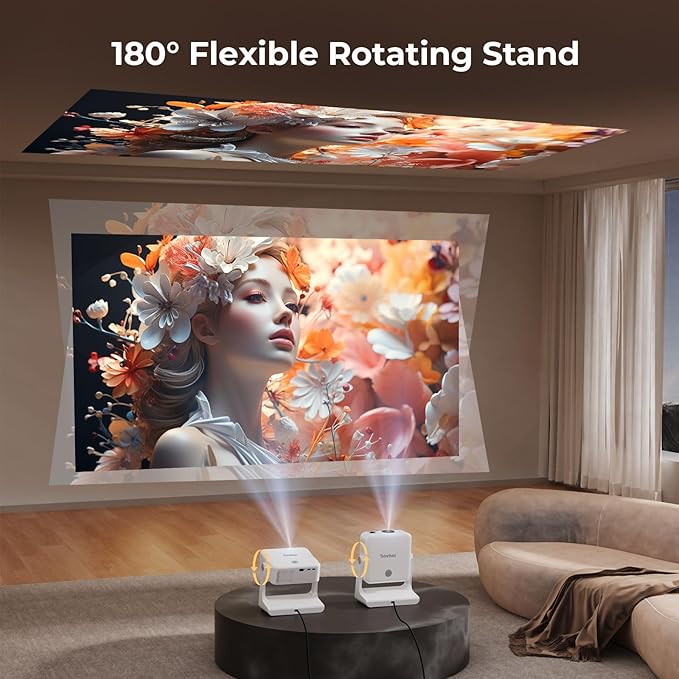 [1500 ANSI/Google Store/Voice Control] 4K Outdoor Smart Projector with WiFi6 and Bluetooth, 10,000+ Apps, Portable Proyector, Sovboi 1080P Audio Phone Movie Home [180° Stand & 300 ''Display]