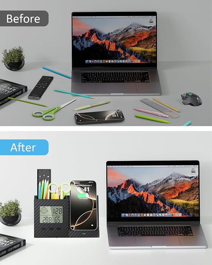 Multifunctional Pen Holder and Organizer for Desk with Wireless Charger, Digital Indoor Thermometer and Humidity Gauge, Home Office Organizers and Storage (Battery Included)