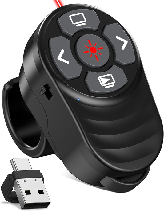 Wireless Finger Ring Presentation Clicker with Laser Pointer & Volume Control - Wearable Slide Advancer Remote for PowerPoint, Mac, Computer, Laptop