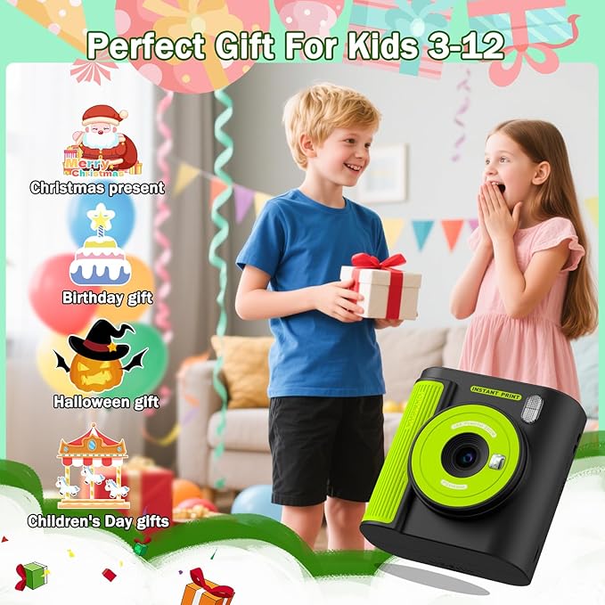 Zicor Kids Camera Instant Print, HD Digital Video & Instant Print Camera for Kids, Fun Christmas Birthday Gifts for Boys and Girls, Comes with 32GB SD Card, Lightweight & Portable - Black