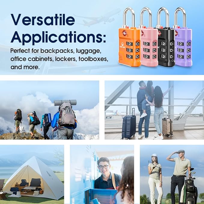 SURE LOCK TSA Locks for Luggage, TSA Approved Luggage Locks with Open Alert, 008 Key for High Security, Easy Read Dials, Zinc Alloy Body, Locker Lock for Suitcase, Gym, Travel. (Black 4 pk)