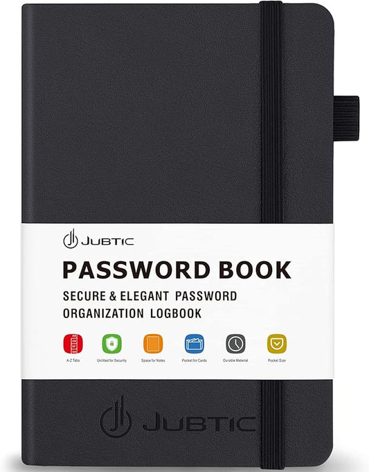 JUBTIC Password Book with Alphabetical Tabs Small Password Keeper with Inner Pocket Record Log in Internet Address Password Notebook Journal Hardcover Password Organizer for Home Office, Black