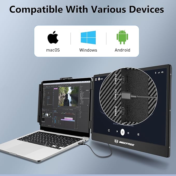 Maxfree Laptop Screen Extender, S1 14'' Laptop Monitor Extender Dual Screen Plug & Play, 1080P FHD Portable Monitor for 13.3-17'' Laptops, Compatible with macOS/Windows/Dex/Android/Switch/PS5