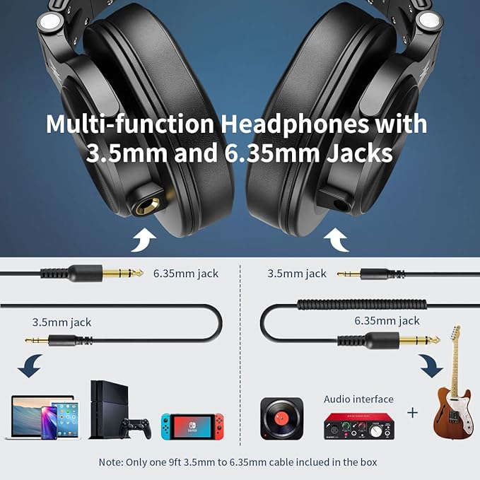 OneOdio A71 Hi-Res Studio Recording Headphones - Wired Over Ear Headphones with SharePort, Monitoring Mixing Foldable Headset with Stereo Sound, 3.5/6.35MM Jack for PC Computer DJ Guitar-Black
