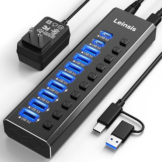 Powered USB Hub 3.2, LEINSIS 10-Port USB 3.2/USB C Hub (10Gbps USB-A 3.2 +2 USB-C 3.2 +7 USB 3.0 Ports) with Individual On/Off Switches and 12V Power Adapter, Aluminum USB Hub Powered for Laptop PC