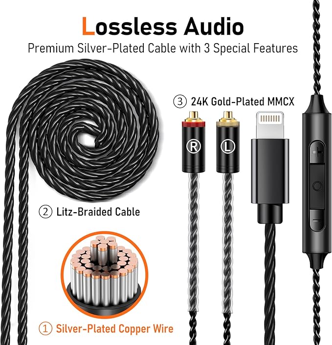 Vibes 202ML Wired Earbuds - HiFi in Ear Headphones - Noise-Isolating Ear Buds w/ Mic - Clear Sound, Deep Bass, Comfort-Fit Earphones - MMCX–Lightning for iPhone 5–14, Silver Plated Cord, Carrying Case