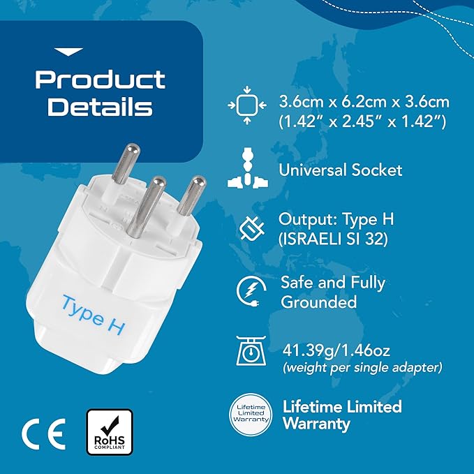 Ceptics Israel Power Adapter Travel Universal Plug,Works in Palestine,Jerusalem,Holy City-Perfect for Charging your Electronic Devices (Type H)- Safe Grounded Connection-3 Pack (GP-14-3PK),White