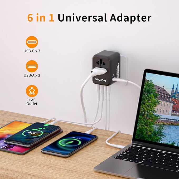 Universal Travel Adapter, PD 35W (Single Port) Fast Charging, International Plug Adapter with 3 USB-C and 2 USB-A, Travel Adapter Global Output Converter, (for US, EU, UK and Australia, Black)