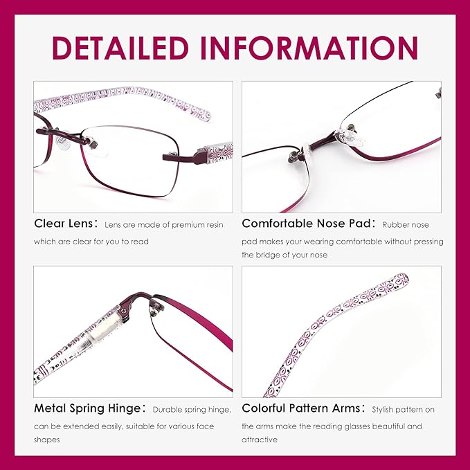 3 Pack Rimless Reading Glasses for Women Blue Light Blocking Readers Tinted Edge Spring Hinge Pattern Print Arm Eyeglasses Mix 3.00