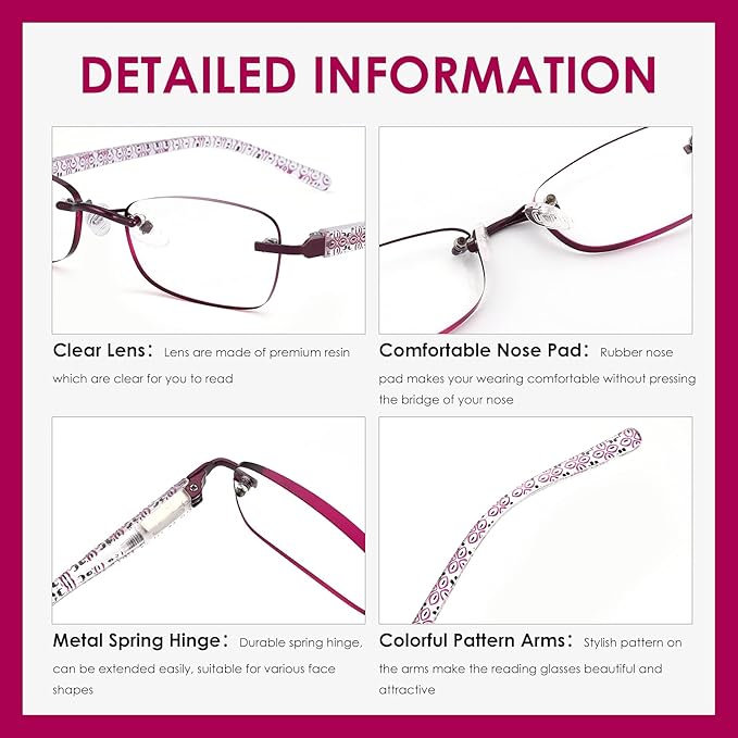 3 Pack Rimless Reading Glasses for Women Blue Light Blocking Readers Tinted Edge Spring Hinge Pattern Print Arm Eyeglasses Mix 4.00