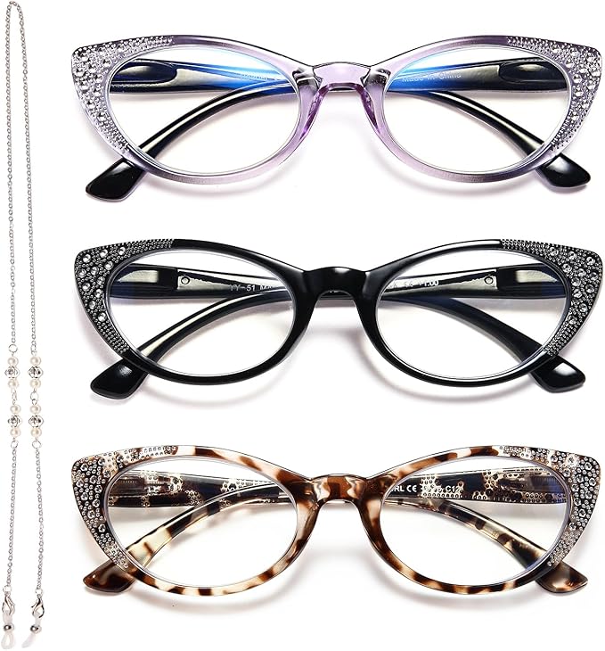 EYEURL 3-Pack Cat Eye Reading Glasses for Women Blue Light Glasses Fashion Computer Readers with Spring Hinge Anti-Glare Readers for Women 1.25
