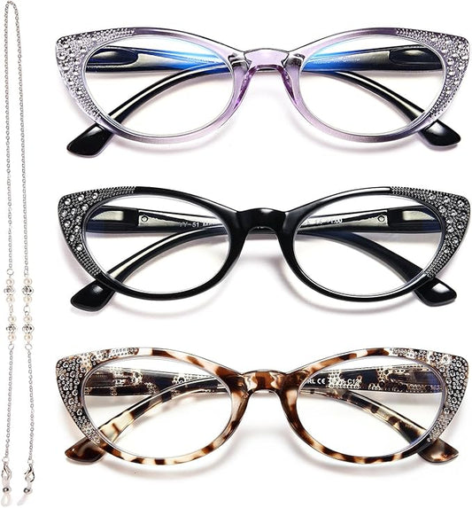 EYEURL 3-Pack Cat Eye Reading Glasses for Women Blue Light Glasses Fashion Computer Readers with Spring Hinge Anti-Glare Readers for Women 2.75