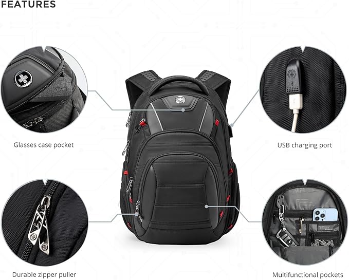 Swissdigital Design Travel Backpack for Men with Finder, TSA Friendly USB Charging RFID Protection Business Backpack Fits 15.6" Laptops Black