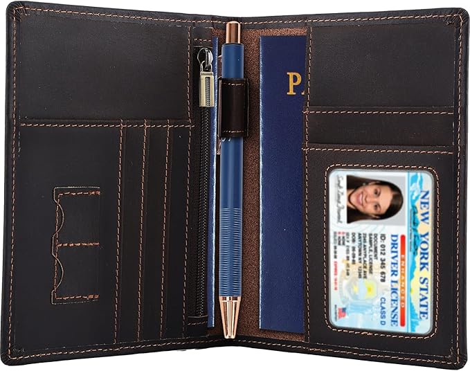 STAR VISTA Phoenix Leather Passport Holder, Full Grain Cowhide Travel Wallet - RFID Blocking, ID Window, Zipper Pocket, Pen & Notebook Included, Dark Chocolate