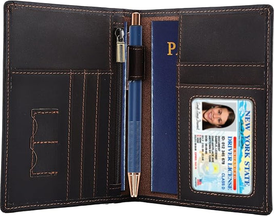 STAR VISTA Phoenix Leather Passport Holder, Full Grain Cowhide Travel Wallet - RFID Blocking, ID Window, Zipper Pocket, Pen & Notebook Included, Dark Chocolate