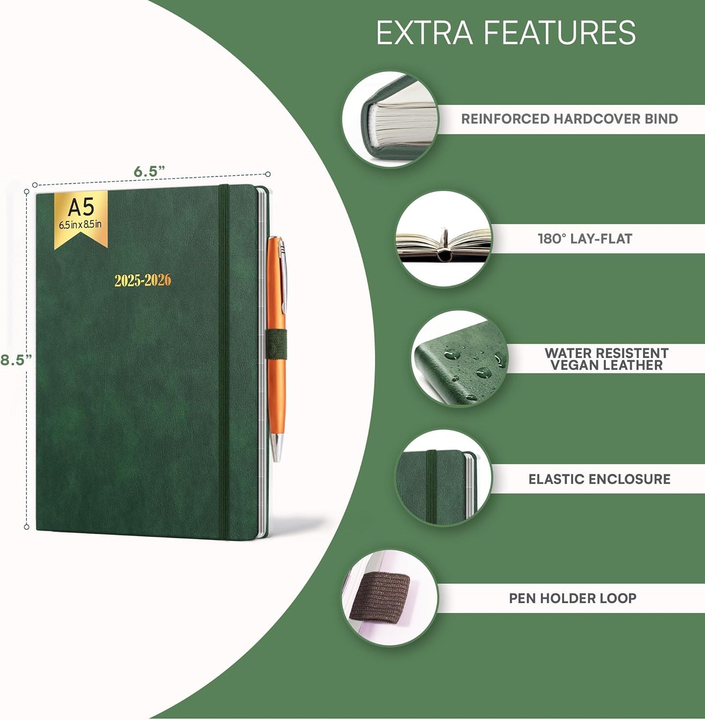 Ensight 2025-2026 HARDCOVER Leather Planner Weekly & Monthly - 6.5x8.5 Inches - Academic Planner Business Personal or Student - Pen Holder, Thick Paper, July 2025 - June 2026 (Green)