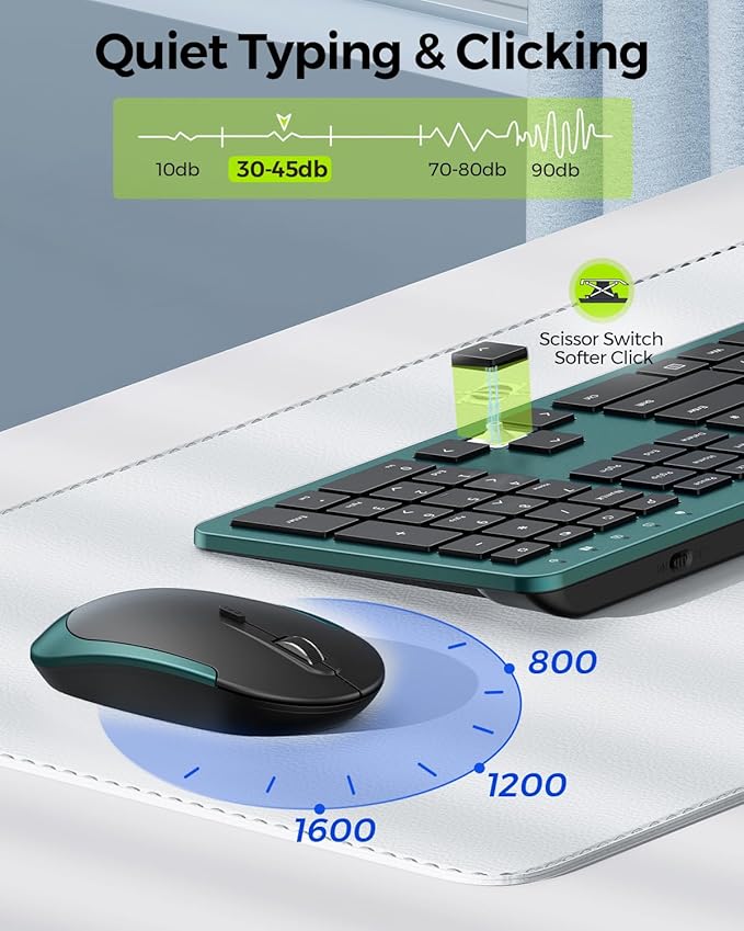 Wireless Keyboard and Mouse Combo - Full Size Slim Thin Wireless Keyboard Mouse with Numeric Keypad 2.4G Stable Connection Adjustable DPI (Dark Green)